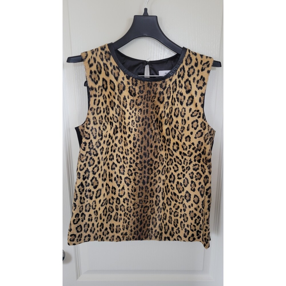 MILLY Faux Fur Leopard Animal Print Sleeveless Scoop Neck